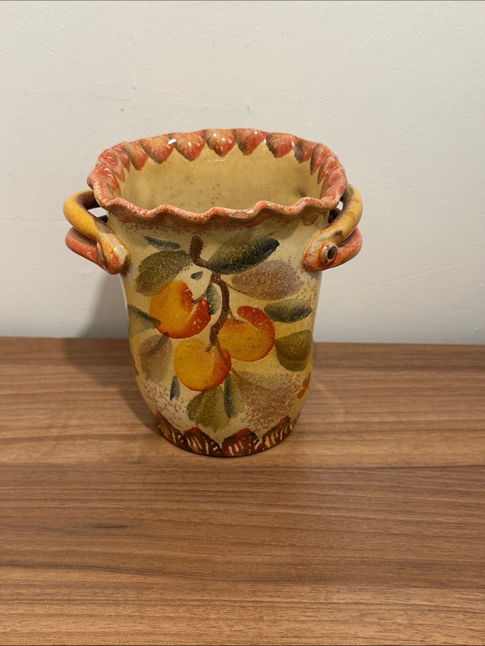 Italica Ars , Hand-Painted Yellow Ceramic Vase with Fruit Motif